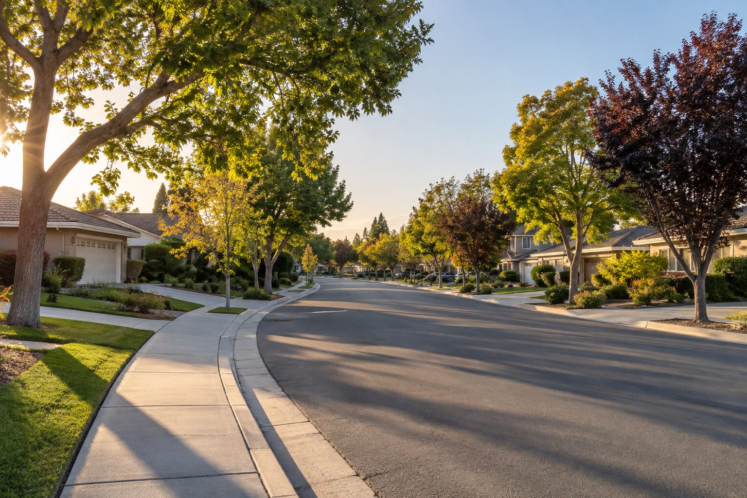 A quiet Silicon Valley area residential street, illustrative