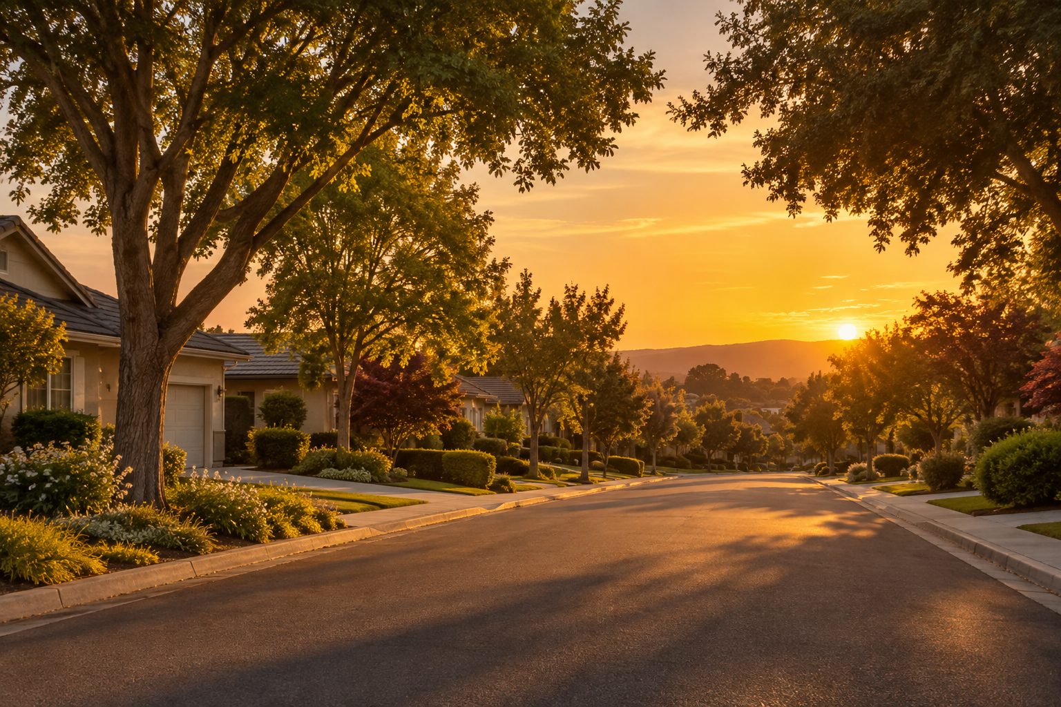 A Silicon Valley area street at sunset, illustrative