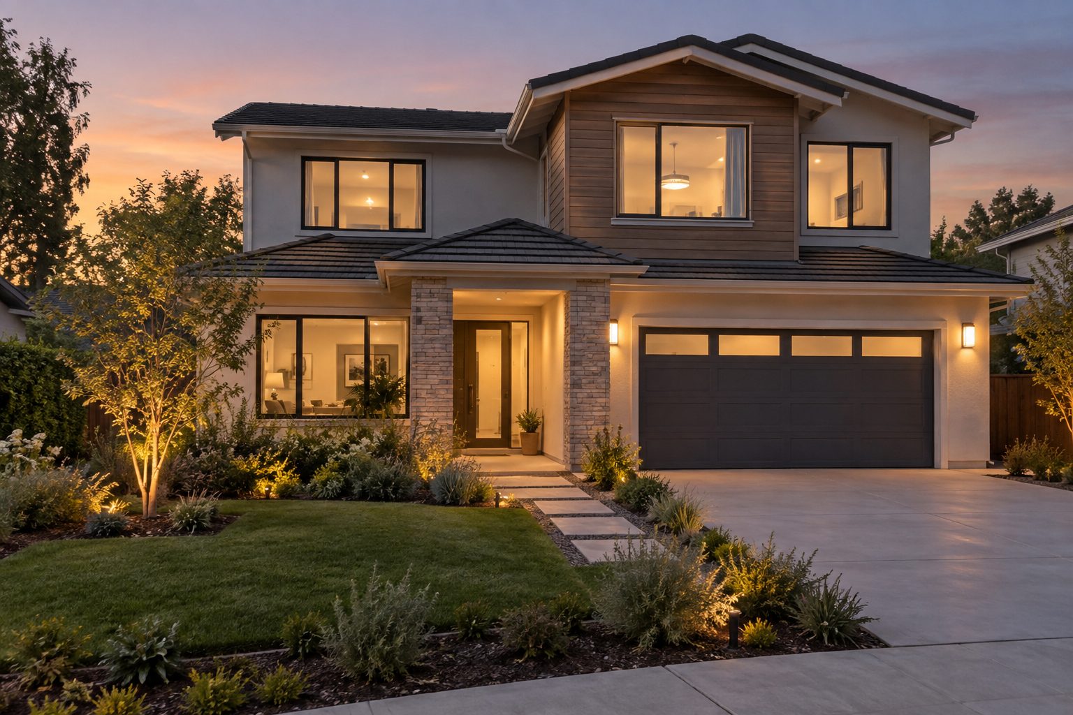 A Silicon Valley area home exterior at dusk, illustrative