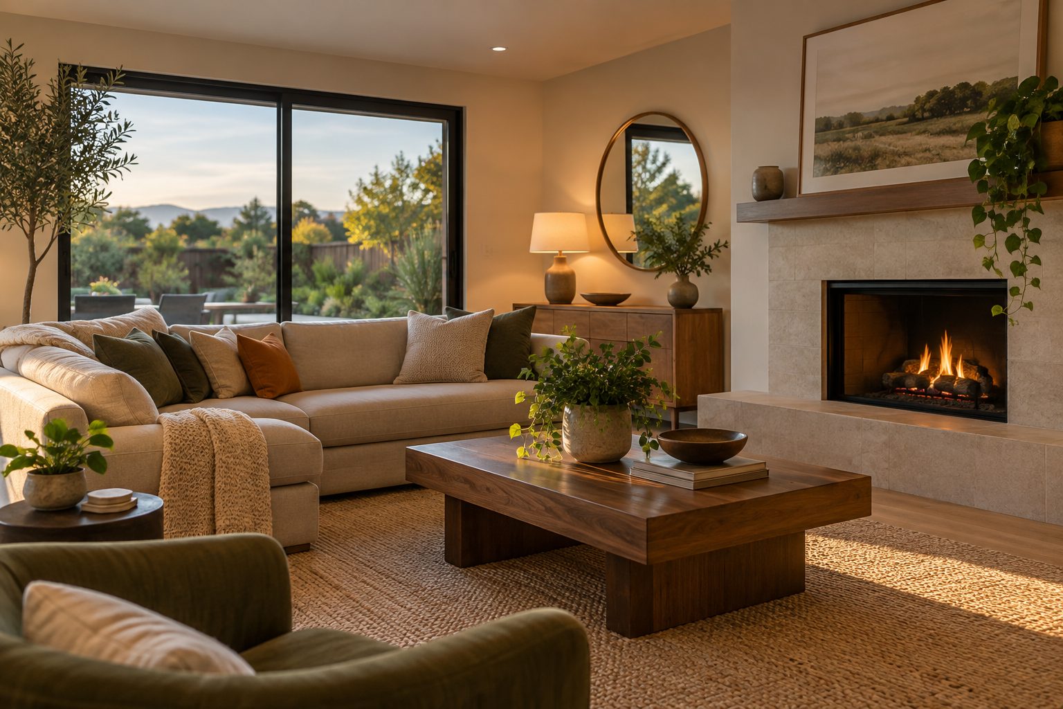 A cozy Silicon Valley area living room, illustrative